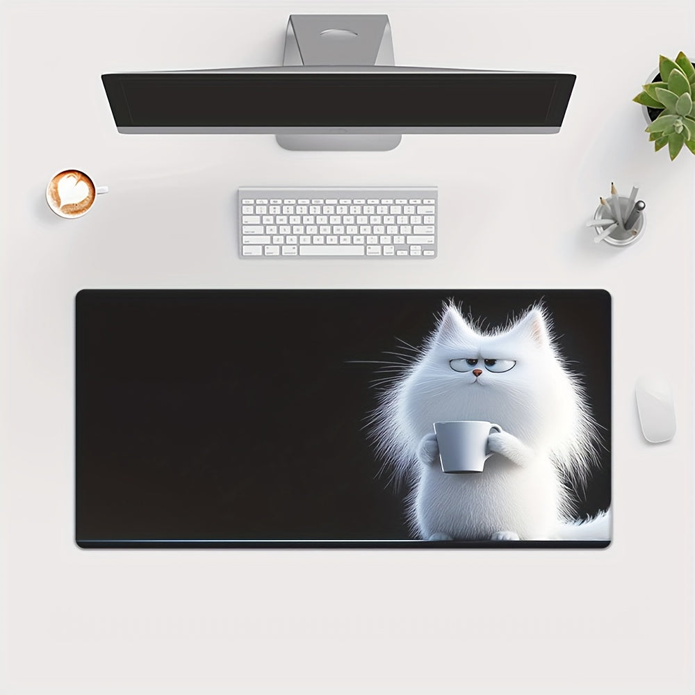 XXL Cute White Cat HD Printed Desk Mat & Gaming Mousepad - Large Non-Slip Surface with Fluffy Cat Design, Durable Rubber Base for Office, Home, PC Gaming - Perfect Gift for Cat Lovers, Gamers & Tech Enthusiasts, Work From Home, Home Workspace, Playful Pat