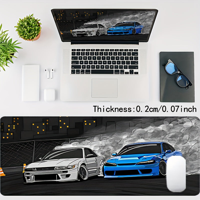 Drift S13 And S15 JDM Car Large Mouse Pad - Non-Slip Rubber Base, Stitched Edge, 31.5*15.7in, Black, For Gaming, Work, Office, Home, 1pc