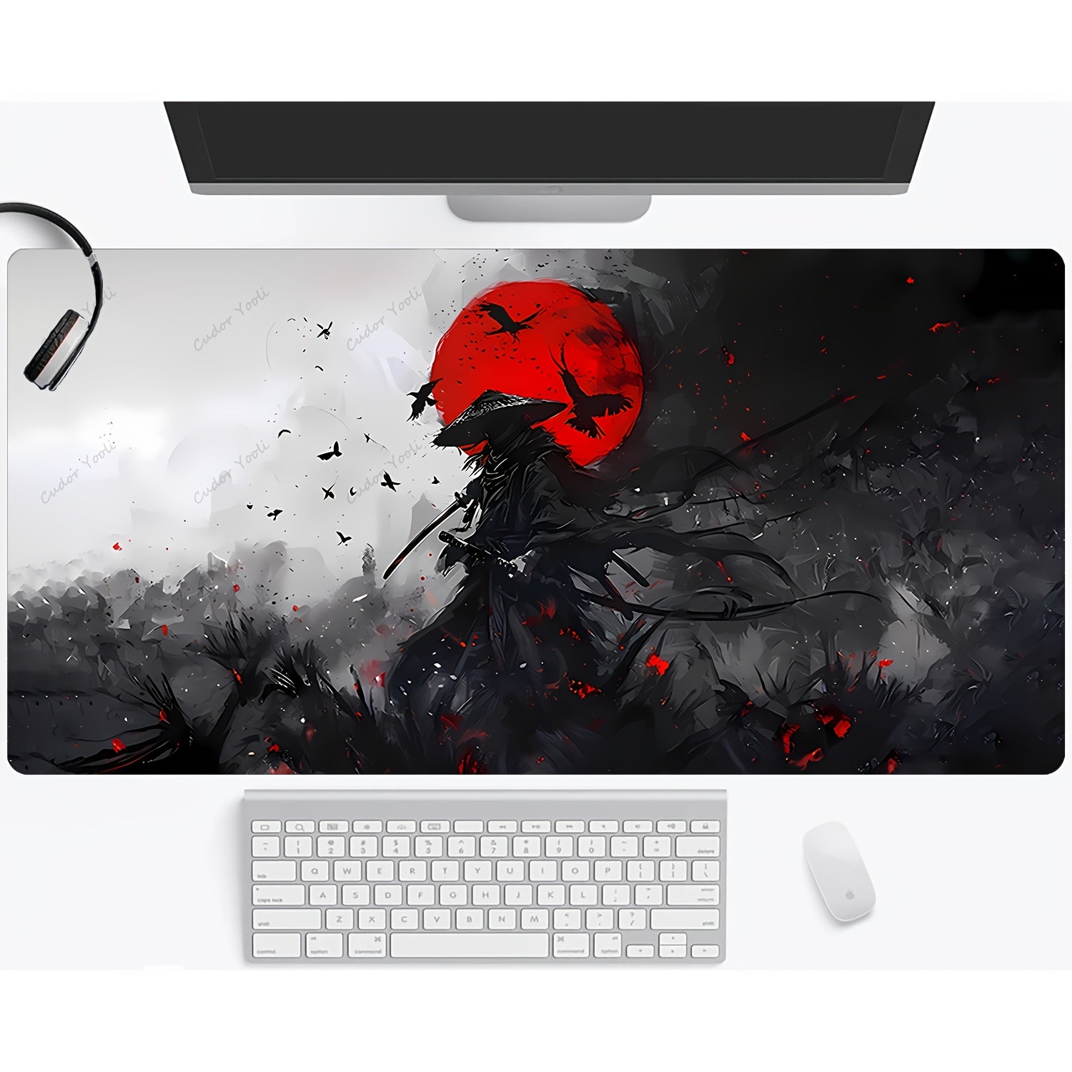[Vibrant Gaming Mouse Pad] Vibrant Red 1pc Japanese Samurai Anime Large Gaming Mouse Pad & Desk Mat | Anti-Slip Rubber Base, Stitched Edges, Durable Construction, Extended Mousepad for PC Gaming, Home Office Desk, Computer Workspace