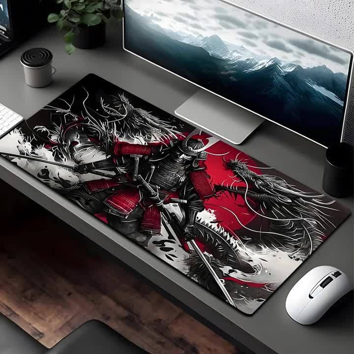 Large Mouse Pad, White Ukiyo-e Style Sports Car Gaming Desk Mat 89.92 x 39.88cm with Non-Slip Rubber Base, Extended Keyboard and Mouse Pad