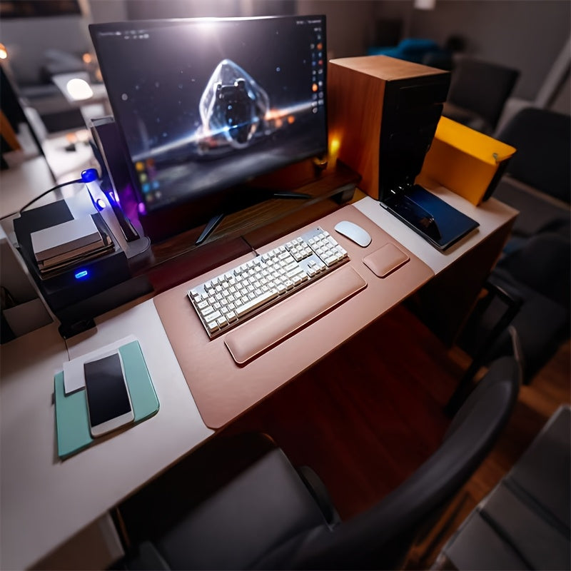 [Non-Slip Desk Mat Set] Three-Piece Large Computer Desk Mat Set, Non-Slip Mouse Pad + Keyboard Pad + Wrist Rest, Office Computer Desk Anti-Slip Protective Mat Double-Sided Faux Leather Mouse and Wrist Support Pad for Laptops, Mechanical Keyboards, Wrist S Pink three-piece set (mouse pad + keyboard tray + mouse wrist rest)