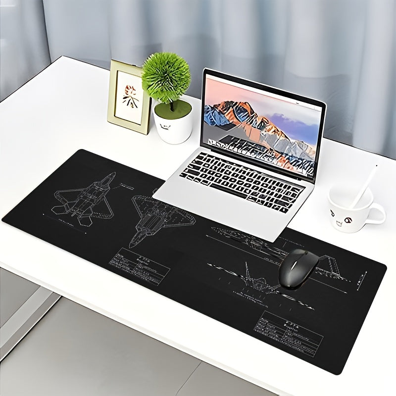 F-22A Raptor Blueprint Large Mouse Pad - Non-Slip Rubber Base, HD Printing, Smooth Surface for Gaming, Office, and Anime Use, Extended Desktop Mat with Detailed Aircraft Design, Gaming Mouse Pad
