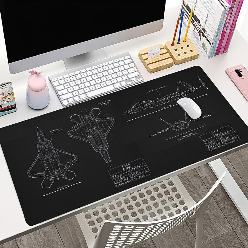 F-22A Raptor Blueprint Large Mouse Pad - Non-Slip Rubber Base, HD Printing, Smooth Surface for Gaming, Office, and Anime Use, Extended Desktop Mat with Detailed Aircraft Design, Gaming Mouse Pad
