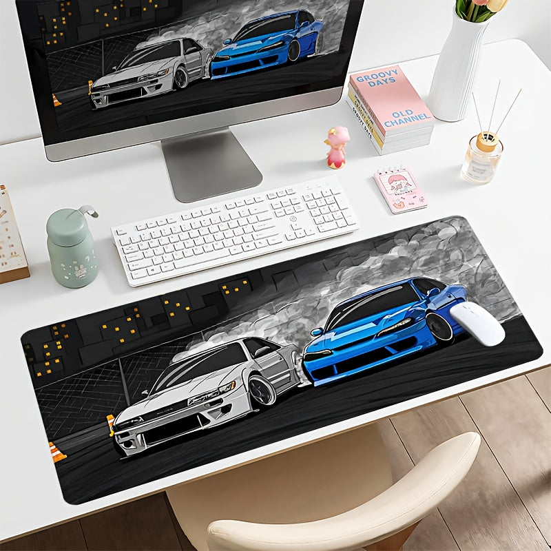 Drift S13 And S15 JDM Car Large Mouse Pad - Non-Slip Rubber Base, Stitched Edge, 31.5*15.7in, Black, For Gaming, Work, Office, Home, 1pc