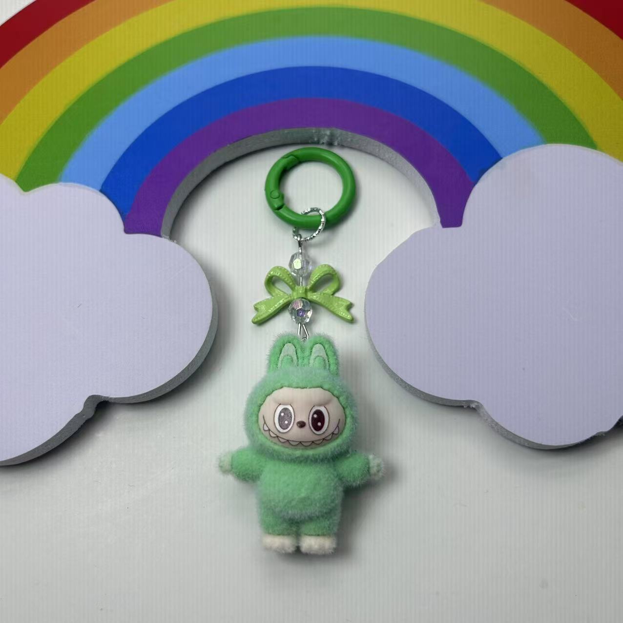 Labubu Crystal Bow Charm Keychain Green Plush Keychain