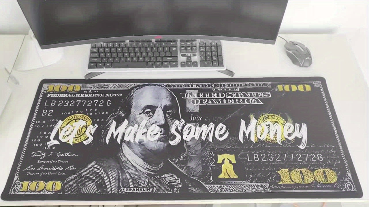 Large "Let's Make Some Money" Dollar Abstract Art Gaming Mouse Pad & Keyboard Mat - Benjamin Franklin Design with Golden Accents, Federal Reserve Inspired Office & Esports Desk Mat for PC, Computer, Workstation Accessories