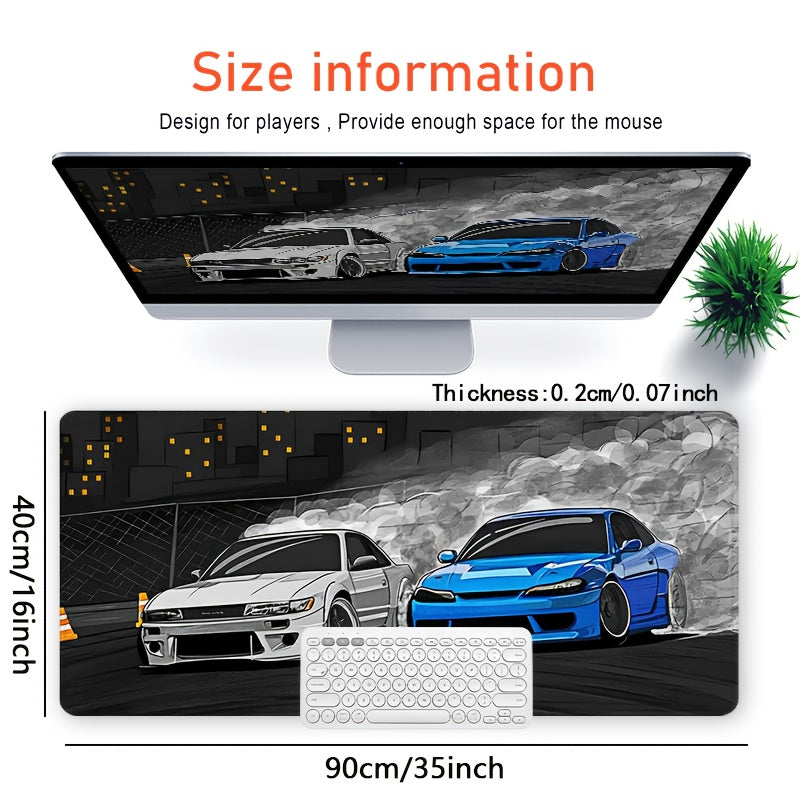 Drift S13 And S15 JDM Car Large Mouse Pad - Non-Slip Rubber Base, Stitched Edge, 31.5*15.7in, Black, For Gaming, Work, Office, Home, 1pc