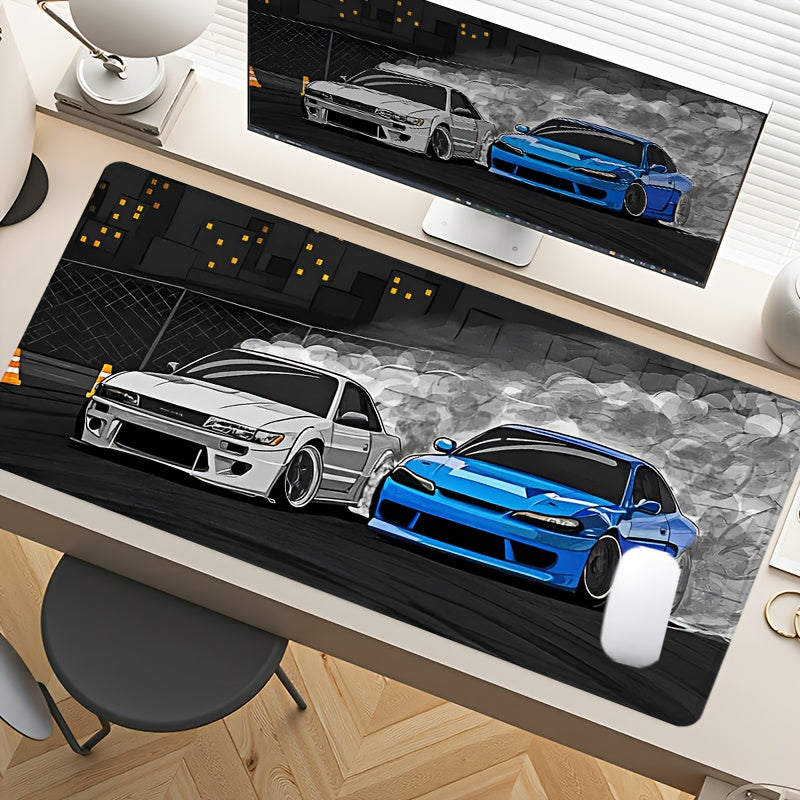 Drift S13 And S15 JDM Car Large Mouse Pad - Non-Slip Rubber Base, Stitched Edge, 31.5*15.7in, Black, For Gaming, Work, Office, Home, 1pc