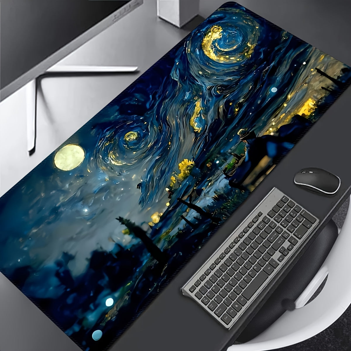 Extra Long & Thick Large Gaming Mouse Pad - Non-Slip Rubber Desk Mat with Precision Lock Edges, Washable Surface & Van Gogh Starry Night Design - Ideal Gift for Gamers