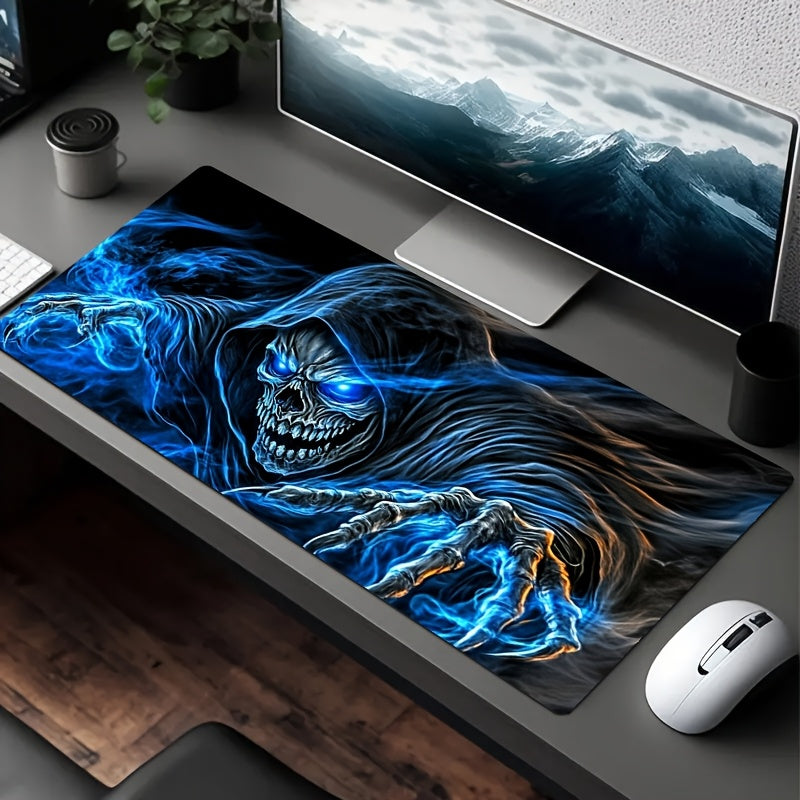 [Fantasy Gaming Mouse Pad] Large Fantasy-Themed Grim Reaper Skull Gaming Mouse Pad | Non-Slip Rubber Base, Smooth Surface for Office, Laptop, or Gaming Setup, Blue Flames & Dark Hooded Figure