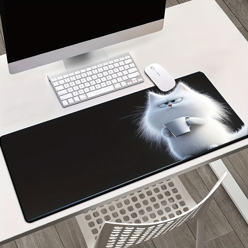 XXL Cute White Cat HD Printed Desk Mat & Gaming Mousepad - Large Non-Slip Surface with Fluffy Cat Design, Durable Rubber Base for Office, Home, PC Gaming - Perfect Gift for Cat Lovers, Gamers & Tech Enthusiasts, Work From Home, Home Workspace, Playful Pat