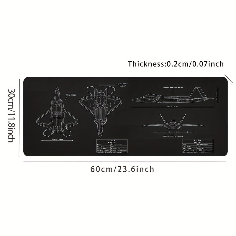 F-22A Raptor Blueprint Large Mouse Pad - Non-Slip Rubber Base, HD Printing, Smooth Surface for Gaming, Office, and Anime Use, Extended Desktop Mat with Detailed Aircraft Design, Gaming Mouse Pad