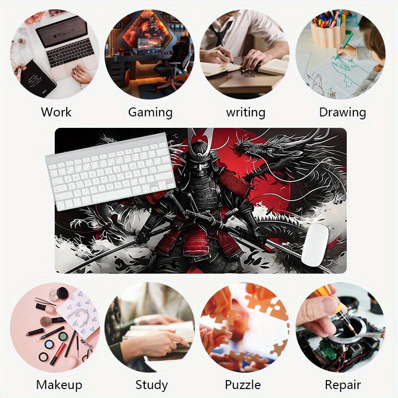 Large Mouse Pad, White Ukiyo-e Style Sports Car Gaming Desk Mat 89.92 x 39.88cm with Non-Slip Rubber Base, Extended Keyboard and Mouse Pad