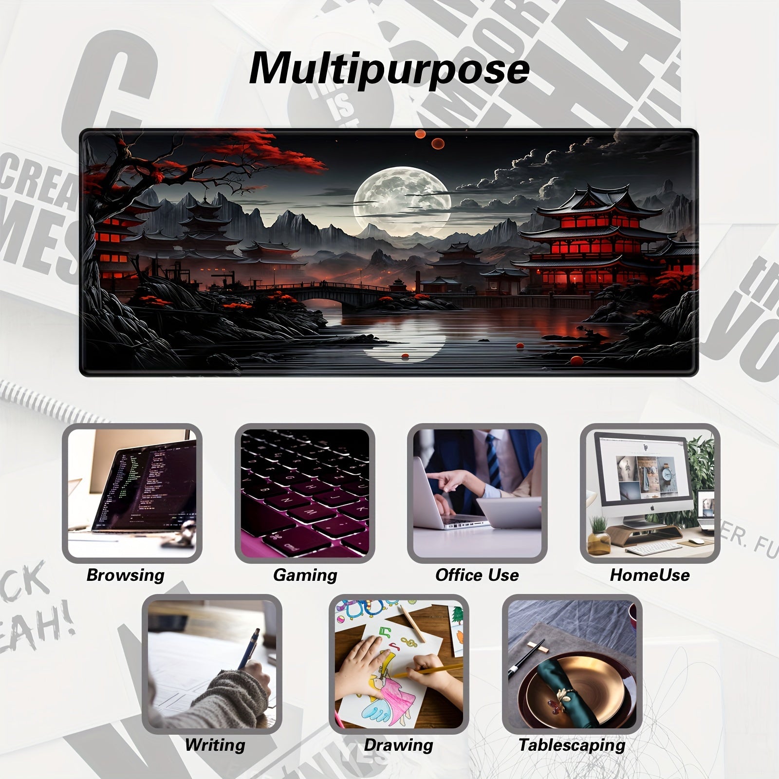 BHJLAXR Extended Gaming Mouse Pad - Japanese Riverside Full Moon Desk Mat, Non-Slip Rubber Base, Durable Natural Rubber XXL Mousepad, Large Keyboard and Laptop Mat for Office Decor, Black Red Design