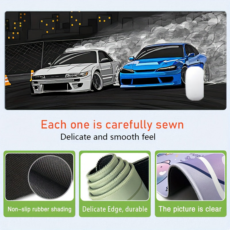 Drift S13 And S15 JDM Car Large Mouse Pad - Non-Slip Rubber Base, Stitched Edge, 31.5*15.7in, Black, For Gaming, Work, Office, Home, 1pc