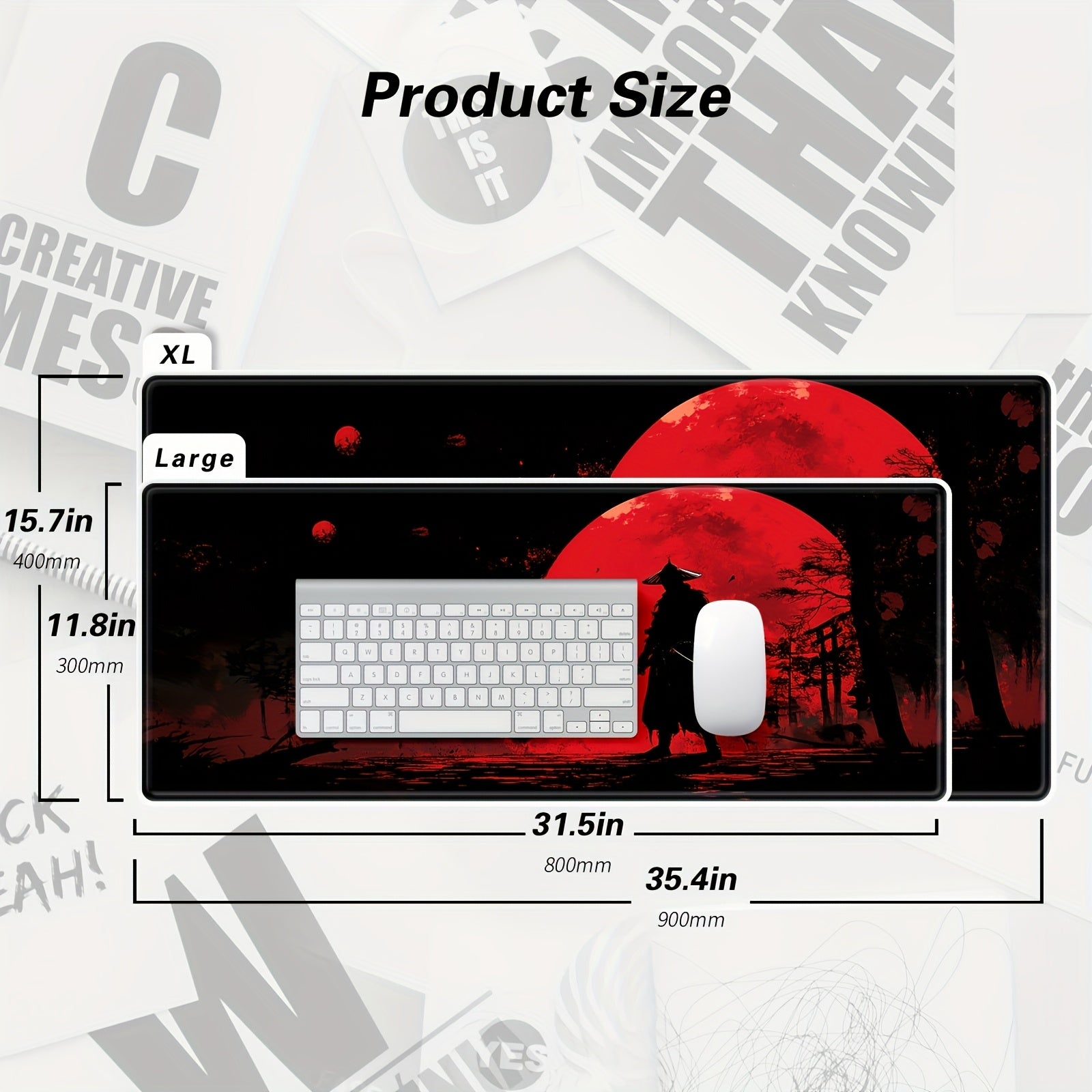 Large Gaming Mouse Pad with Japanese Samurai & Red Moon Design - Non-Slip Rubber Base, Extended Desk Mat for PC, Laptop, Office & Gaming Setup, Durable Office Workspace Mat with Striking Visuals