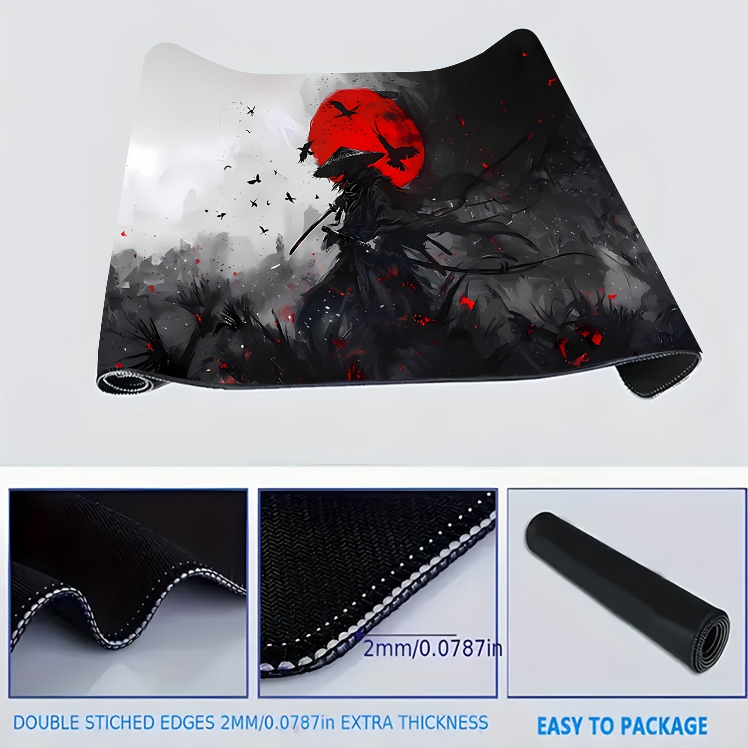 [Vibrant Gaming Mouse Pad] Vibrant Red 1pc Japanese Samurai Anime Large Gaming Mouse Pad & Desk Mat | Anti-Slip Rubber Base, Stitched Edges, Durable Construction, Extended Mousepad for PC Gaming, Home Office Desk, Computer Workspace