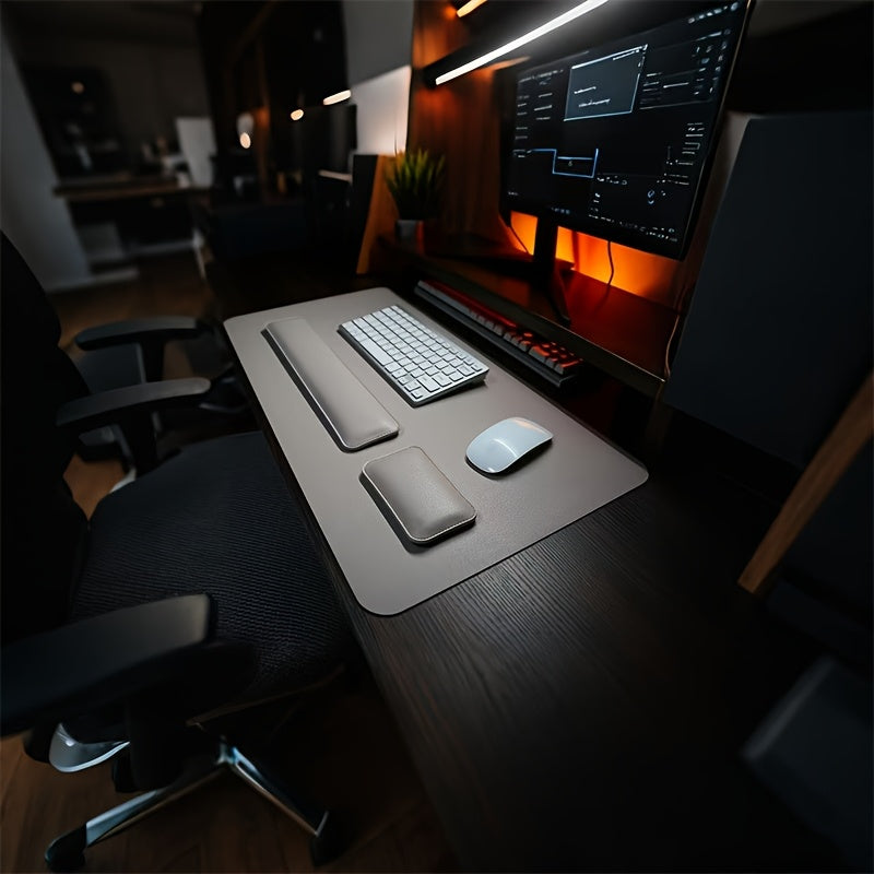 [Non-Slip Desk Mat Set] Three-Piece Large Computer Desk Mat Set, Non-Slip Mouse Pad + Keyboard Pad + Wrist Rest, Office Computer Desk Anti-Slip Protective Mat Double-Sided Faux Leather Mouse and Wrist Support Pad for Laptops, Mechanical Keyboards, Wrist S
