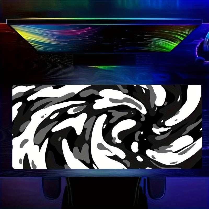 1pc Large Abstract Twisted Swirl Digital Print Mouse Pad & Desk Mat - Non-Slip Washable Polyester Gaming Surface with Wrist Support, Black White Gray Swirl Design for PC, Laptop, Office - Gamer Gift, Mouse Pads for Desk