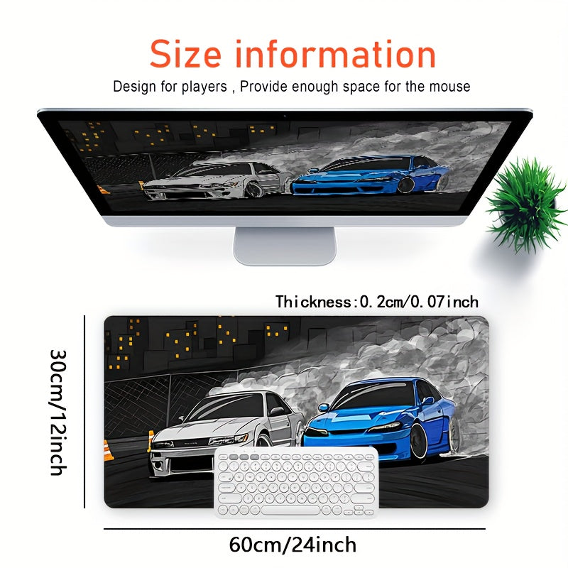 Drift S13 And S15 JDM Car Large Mouse Pad - Non-Slip Rubber Base, Stitched Edge, 31.5*15.7in, Black, For Gaming, Work, Office, Home, 1pc 23.6*11.8inches(60X30cm)