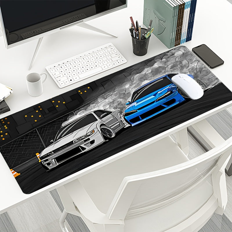 Drift S13 And S15 JDM Car Large Mouse Pad - Non-Slip Rubber Base, Stitched Edge, 31.5*15.7in, Black, For Gaming, Work, Office, Home, 1pc