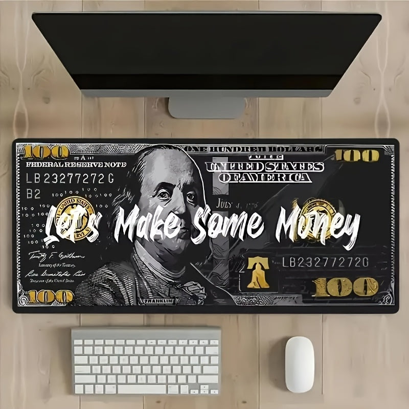 Large "Let's Make Some Money" Dollar Abstract Art Gaming Mouse Pad & Keyboard Mat - Benjamin Franklin Design with Golden Accents, Federal Reserve Inspired Office & Esports Desk Mat for PC, Computer, Workstation Accessories