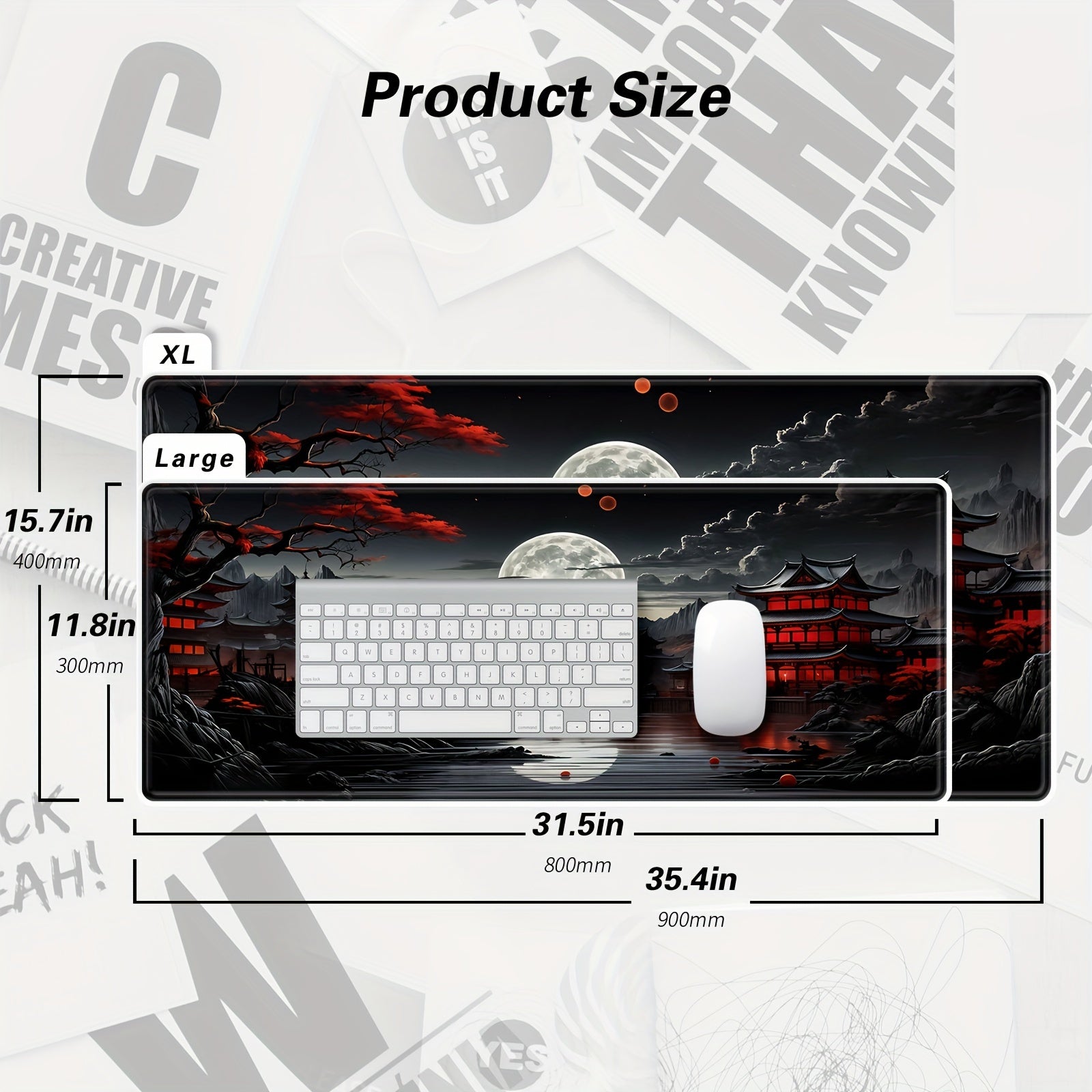 BHJLAXR Extended Gaming Mouse Pad - Japanese Riverside Full Moon Desk Mat, Non-Slip Rubber Base, Durable Natural Rubber XXL Mousepad, Large Keyboard and Laptop Mat for Office Decor, Black Red Design