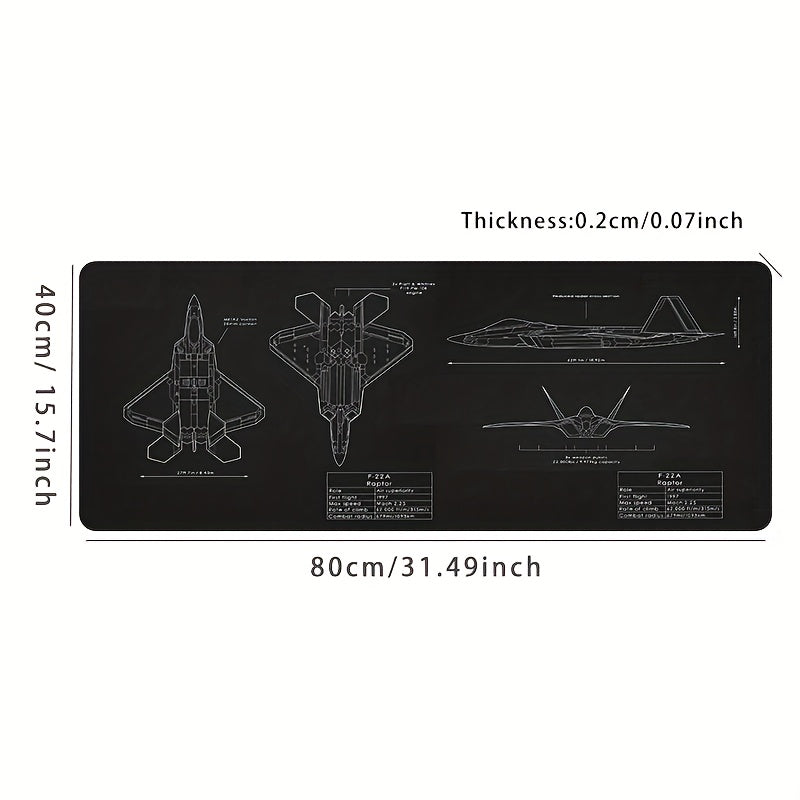 F-22A Raptor Blueprint Large Mouse Pad - Non-Slip Rubber Base, HD Printing, Smooth Surface for Gaming, Office, and Anime Use, Extended Desktop Mat with Detailed Aircraft Design, Gaming Mouse Pad