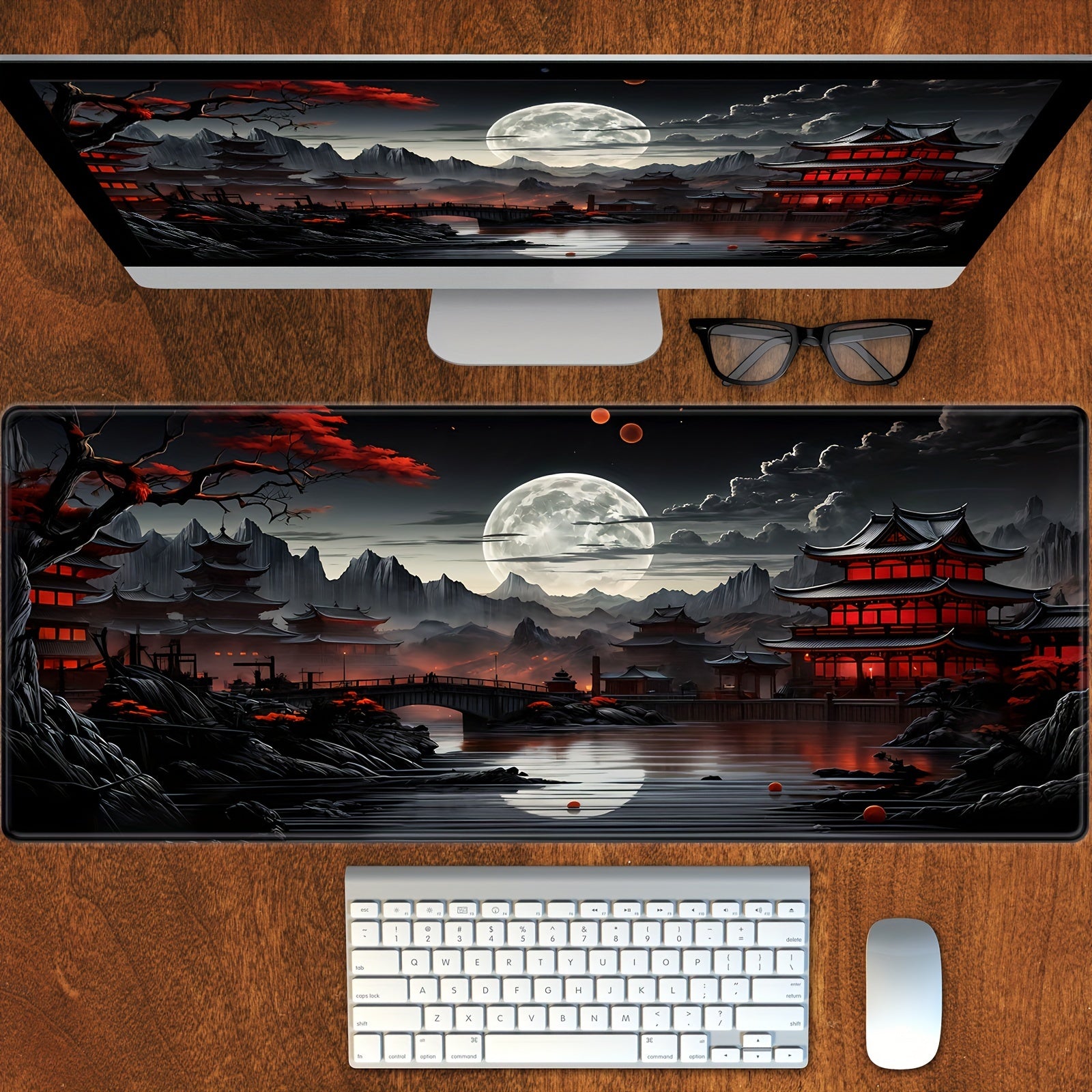 BHJLAXR Extended Gaming Mouse Pad - Japanese Riverside Full Moon Desk Mat, Non-Slip Rubber Base, Durable Natural Rubber XXL Mousepad, Large Keyboard and Laptop Mat for Office Decor, Black Red Design