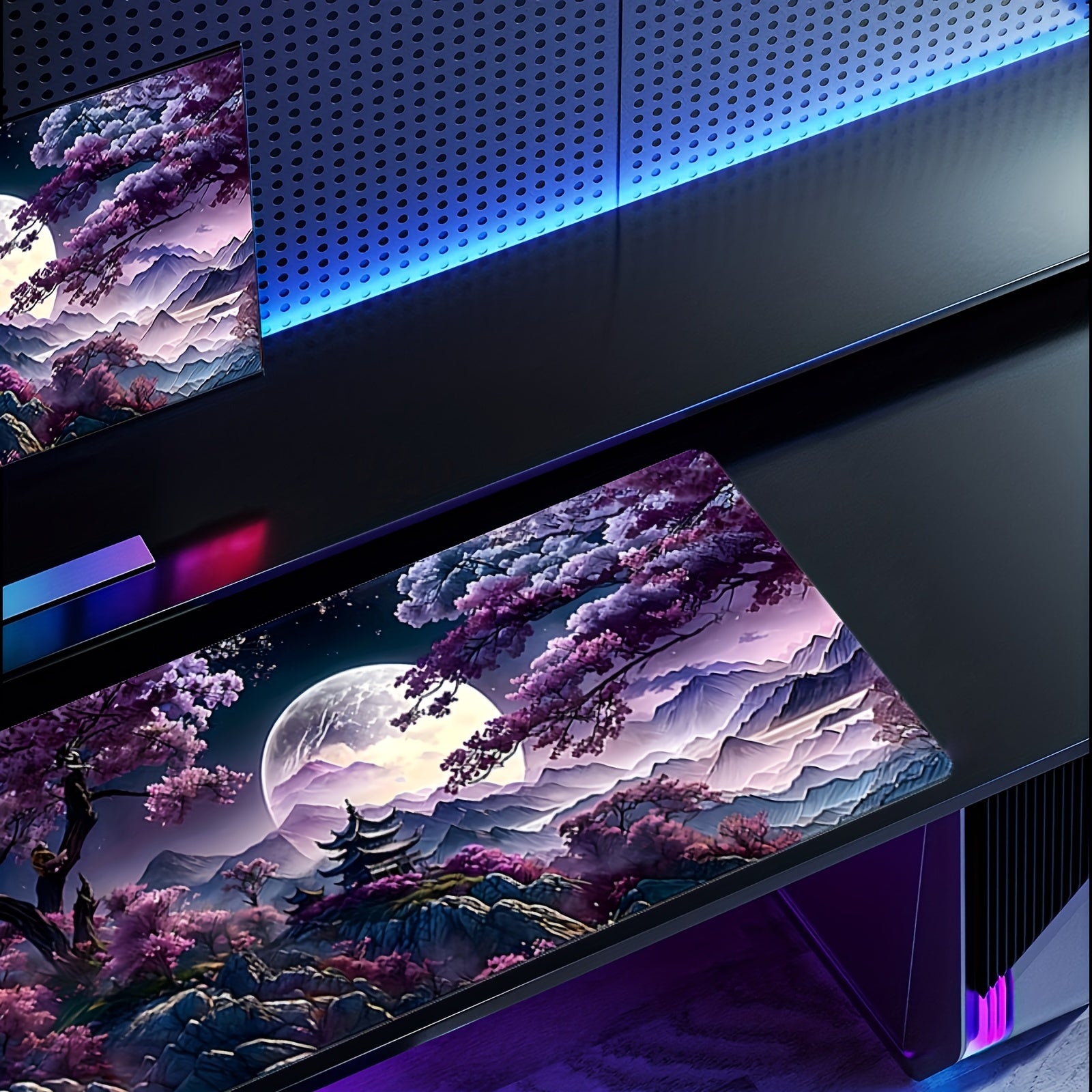 Large Cherry Blossom Landscape Mouse Pad & Gaming Desk Mat - Non-Slip Rubber Base, Thick Stitched Edges, Vibrant Night Sky Mountain Moon Design for Home Office & Gaming, Durable Gift for Birthdays Christmas (No Battery Needed), Large Gaming Mouse Pad, Non