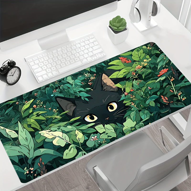 Large Black Cat Gaming Mouse Pad - Rubber Base Desk Mat with Lush Greenery Design, Stitched Edges, 89.92x39.88 cm - Perfect for Office and Home Use, Gaming Desk Accessory | Lush Greenery Design | Durable Mouse Pad, Mouse Pads for Des