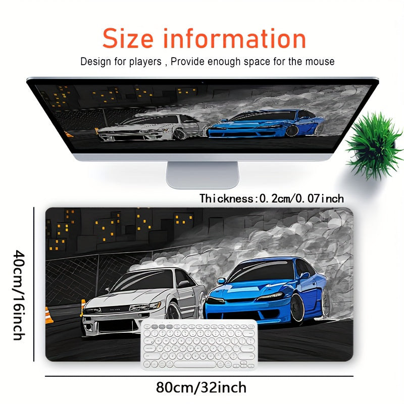 Drift S13 And S15 JDM Car Large Mouse Pad - Non-Slip Rubber Base, Stitched Edge, 31.5*15.7in, Black, For Gaming, Work, Office, Home, 1pc 31.4*15.7inches(80X40cm)