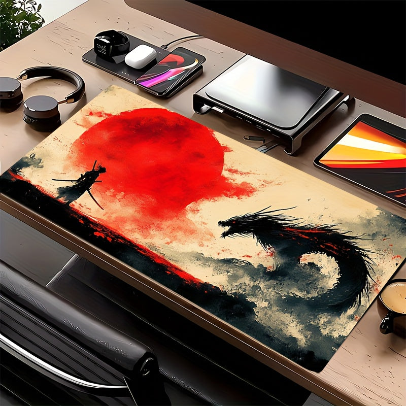 1pc Extra Large Samurai Gaming Mouse Pad - Non-Slip Surface, Vibrant Red Sun & Warrior Design, Durable Polyester & Rubber Base, Perfect for Office & Gaming Setup, Ideal Gift for Christmas & Halloween, Gaming Mouse Pad