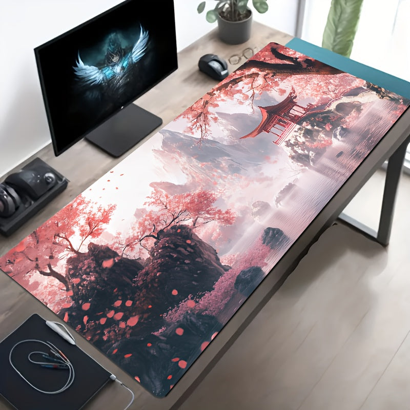 1pc Large Chinese Ink Painting Desk Mat - Non-Slip Rubber Base, Ergonomic Wrist Support, Cherry Blossoms, Pagodas, Misty Mountains - Traditional Asian Art Mouse Pad for Office, Gaming, Home - Compatible with PC, Laptop, Tablet - Ideal Gift for Artists & A