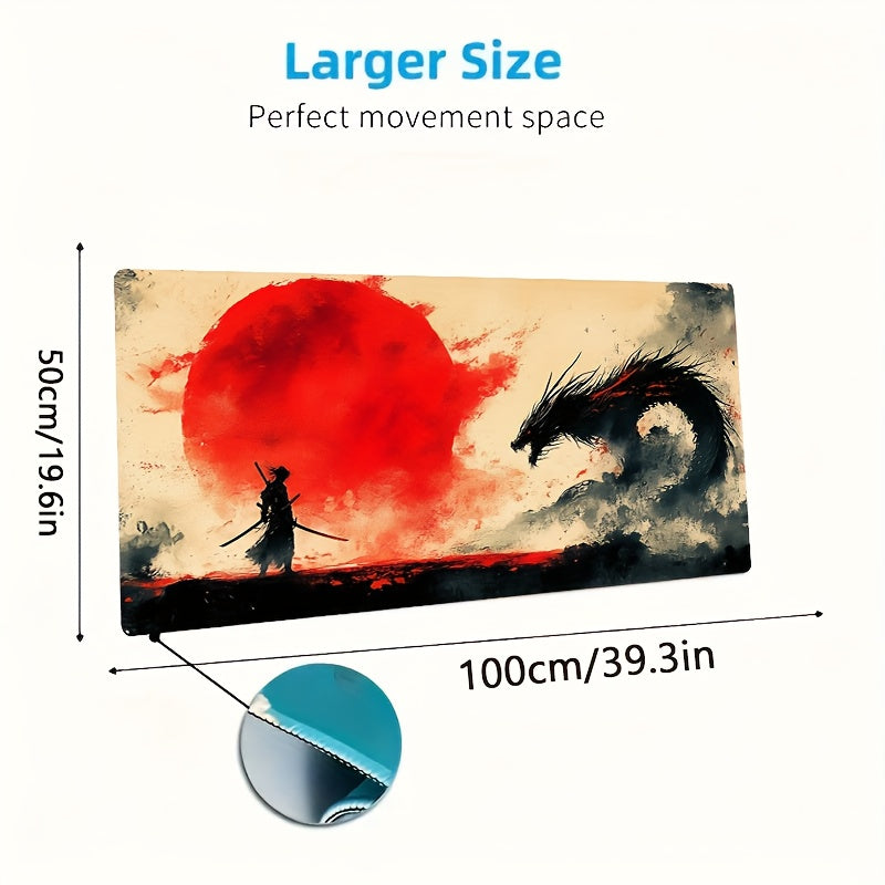 1pc Extra Large Samurai Gaming Mouse Pad - Non-Slip Surface, Vibrant Red Sun & Warrior Design, Durable Polyester & Rubber Base, Perfect for Office & Gaming Setup, Ideal Gift for Christmas & Halloween, Gaming Mouse Pad