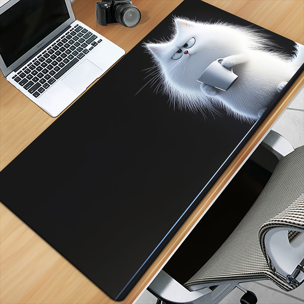 XXL Cute White Cat HD Printed Desk Mat & Gaming Mousepad - Large Non-Slip Surface with Fluffy Cat Design, Durable Rubber Base for Office, Home, PC Gaming - Perfect Gift for Cat Lovers, Gamers & Tech Enthusiasts, Work From Home, Home Workspace, Playful Pat