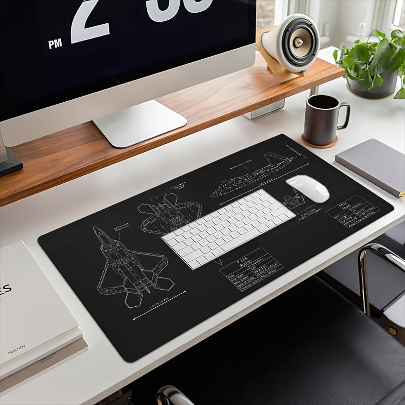 F-22A Raptor Blueprint Large Mouse Pad - Non-Slip Rubber Base, HD Printing, Smooth Surface for Gaming, Office, and Anime Use, Extended Desktop Mat with Detailed Aircraft Design, Gaming Mouse Pad