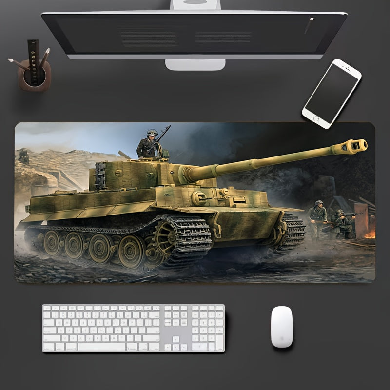 Military Tank Combat Gaming Mouse Pad with Non-Slip Stitched Edges & Smooth Surface - Large Rectangular Desk Mat for PC, Computer, Home Office - Durable Polyester & Rubber Base, Military-Themed Design with Realistic Tank Graphics - Ideal Gift for Gamers a