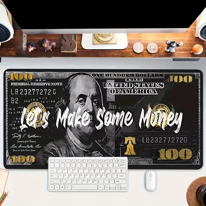 Large "Let's Make Some Money" Dollar Abstract Art Gaming Mouse Pad & Keyboard Mat - Benjamin Franklin Design with Golden Accents, Federal Reserve Inspired Office & Esports Desk Mat for PC, Computer, Workstation Accessories 32*12inch(80*30cm)