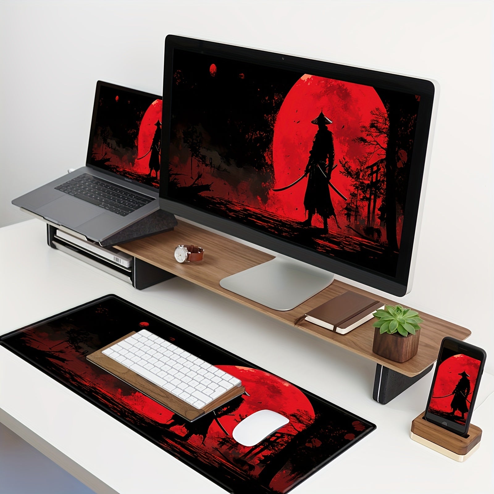 Large Gaming Mouse Pad with Japanese Samurai & Red Moon Design - Non-Slip Rubber Base, Extended Desk Mat for PC, Laptop, Office & Gaming Setup, Durable Office Workspace Mat with Striking Visuals