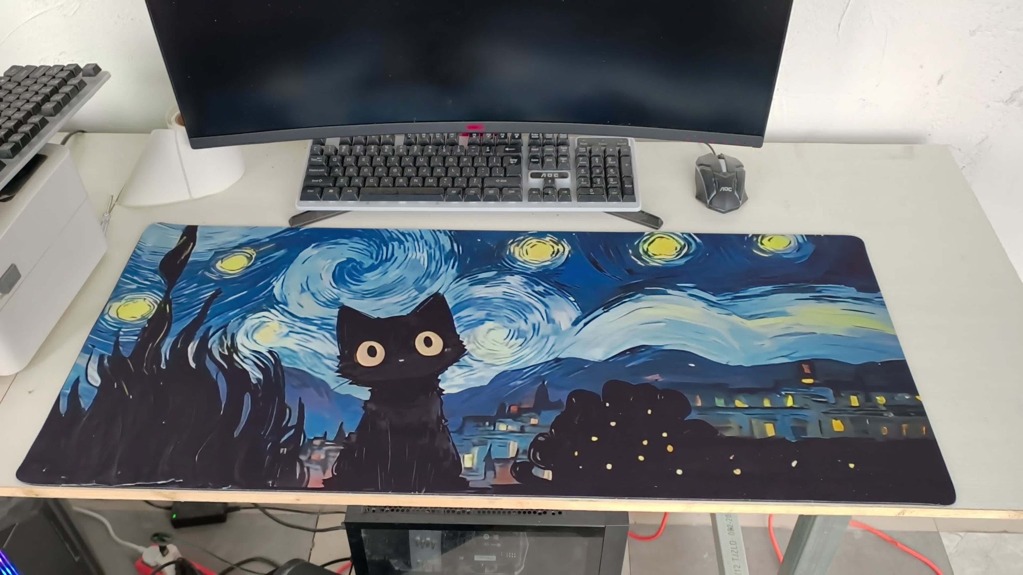 [1pc Van Gogh Art Mouse Pad] 1pc Large Van Gogh Starry Night Cat Abstract Art Mouse Pad | Rubber Base with Polyester Layers, Esports Keyboard Support, Artistic Design for Workspace & Gaming Office Mat