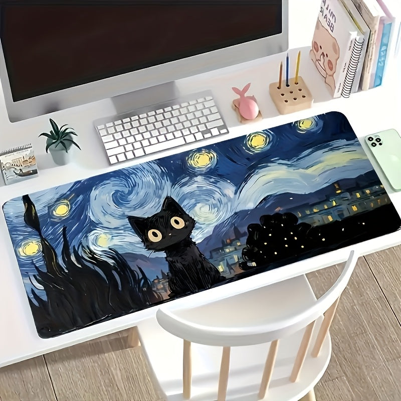 [1pc Van Gogh Art Mouse Pad] 1pc Large Van Gogh Starry Night Cat Abstract Art Mouse Pad | Rubber Base with Polyester Layers, Esports Keyboard Support, Artistic Design for Workspace & Gaming Office Mat