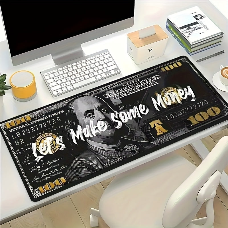 Large "Let's Make Some Money" Dollar Abstract Art Gaming Mouse Pad & Keyboard Mat - Benjamin Franklin Design with Golden Accents, Federal Reserve Inspired Office & Esports Desk Mat for PC, Computer, Workstation Accessories