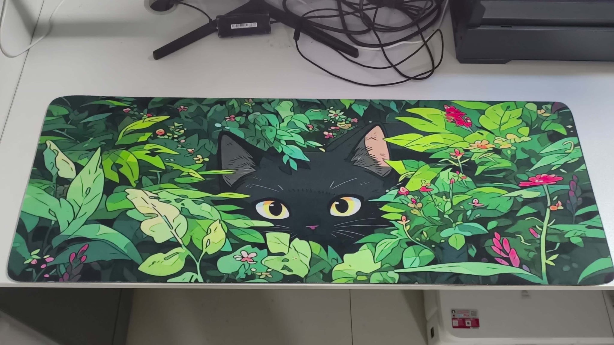 Large Black Cat Gaming Mouse Pad - Rubber Base Desk Mat with Lush Greenery Design, Stitched Edges, 89.92x39.88 cm - Perfect for Office and Home Use, Gaming Desk Accessory | Lush Greenery Design | Durable Mouse Pad, Mouse Pads for Des