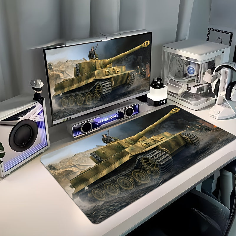 Military Tank Combat Gaming Mouse Pad with Non-Slip Stitched Edges & Smooth Surface - Large Rectangular Desk Mat for PC, Computer, Home Office - Durable Polyester & Rubber Base, Military-Themed Design with Realistic Tank Graphics - Ideal Gift for Gamers a