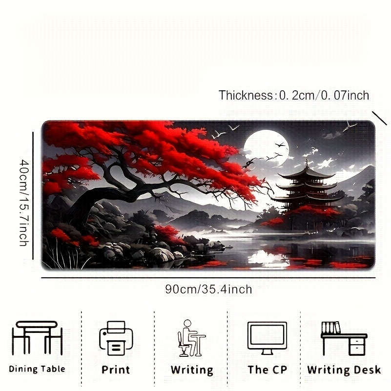[Japanese Landscape Mouse Pad] 1pc Extra Large Traditional Japanese Landscape Mouse Pad - 23.6 x 13.7 Inches, Durable Rubber Base, Non-Slip, HD Printed with Vintage Edo Office & Gaming Design, Ideal Gift for Gamers and Office Use 35.4×15.7inch(90×40cm)
