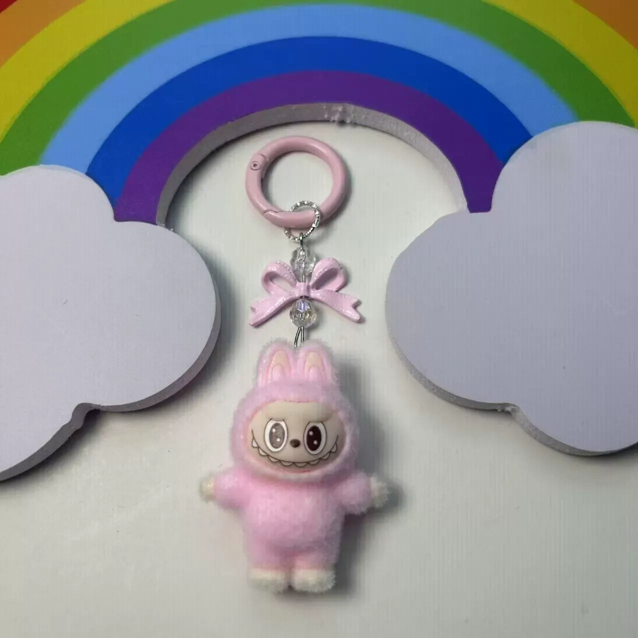 Labubu Crystal Bow Charm Keychain Pink Plush Keychain