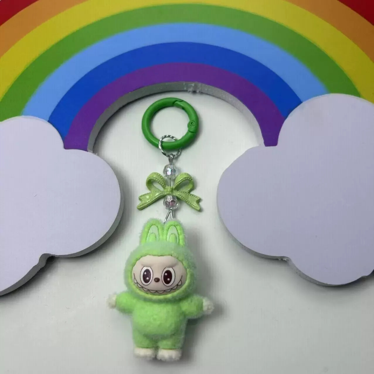 Labubu Crystal Bow Charm Keychain Light Green Plush Keychain